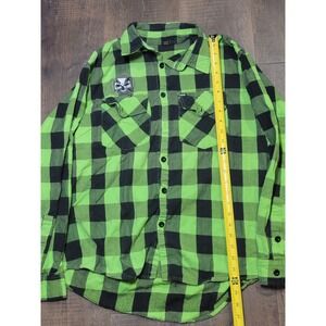 Demons Behind Me Flannel Shirt Mens L Green Black Plaid Skull Embroidered